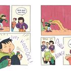 Comic mit dialogischen Texten: "Hepp!", "Brüll doch mal, Kim!", "Na gut …", "LUFT HOOOOLI!", "ROOOOAAAA!", "HAHA! Hihi", "DING DONG!", "Hmm ... nach der Pause machen wir weiter." Ein Junge in Drachenkostüm auf einer Bühne.