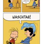 Zwei Kinder: Eines sagt "Na schön, ich sag's ihm..." Das andere verkündet "Waschtag!" und schwingt ein blaues Tuch.
