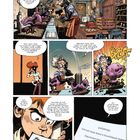 Comic-Stil Szene. Figuren in Werkstatt. Gespräche über Gadgets und Anonymität. Überraschungseffekt mit Pflanze. Geheime Nachricht.