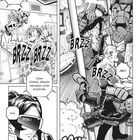 Texte: "Berta-Einheit, Brücke unter Kontrolle.", "Was?! Goah!", "BRZZ BRZZ", "Cäsar-Einheit, Maschinenraum unter Kontrolle.", "Gut.", "ABH!", "DOMM". Es handelt sich um eine Manga-Illustration mit actiongeladenen Szenen.