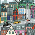 Text: "Detektiv Stanley war schon auf den Beinen, er wanderte durch die stillen Straßen zum tropischsten Ort in der Stadt."   
Illustration: Bunte Häuser in einer Straße, Autos und Roller, ein Detektiv auf dem Gehweg, ein Wintergarten auf einem Hügel.