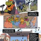 Comicausschnitt: Ein Dinosaurier mit Kopfhörern erzählt von einer Hexe, die Metal spielt. Blitze erschaffen Dino-Band.