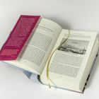 Ein rotes Lesezeichen mit weißem Text liegt in einem aufgeschlagenen Buch. Eine schwarz-weiße Illustration zeigt London und die Themse.