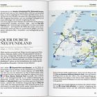 TOUREN QUER DURCH NEUFUNDLAND. Karte mit Route, Städten und Sehenswürdigkeiten. Links: Text über Neufundland-Reise.