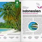 "Indonesien – Inselhopping bis zum Umfallen. Die wichtigsten Ziele: Java, Bali, Nusa Tenggara, Maluku, Papua, Sumatra, Kalimantan, Sulawesi.”  
Links ist ein tropischer Strand mit Palmen, rechts eine Karte von Indonesien und ein Bild mit Booten im Wasser.