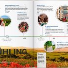 "Italien im Frühling" mit Ereignissen in März bis Mai, inklusive Festivals, Kunstmessen und Radtouren, bebildert mit Landschaften.