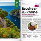 "Bouches-du-Rhône" groß mit zusätzlichem Text zu Region und Sehenswürdigkeiten, Bild zeigt felsige Küste und Meer.