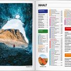 "Inhalt" über zwei Spalten. Links: Person in roter Jacke in einer blauen Eishöhle, Blick auf braune Berge.