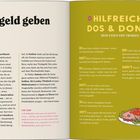 Inhaltsverzeichnis: Öffentliche Verkehrsmittel, Unterkünfte, Mit Fremden sprechen, Essen & Trinken, Sightseeing, Shoppen. Links: Illustration eines Wanderers ohne Hose mit Fernglas vor Berge und See.