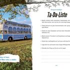 Dringend erledigen: Ta-Da-Liste mit Aufgaben zum Entspannen. Links ein Café-Doppeldeckerbus auf Wiese.