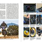 Links: Text über Zweizylinder-V-Maschinen. Rechts: Bilddetails einer Suzuki V-Strom 800DE, Infos zu Funktionen und Zubehör.