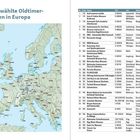 "Ausgewählte Oldtimermuseen in Europa" steht über einer Europakarte, rechts eine Liste mit Museumshinweisen und Adressen.