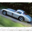 „Motor Klassik“. Text beschreibt das Auto als „300 SLR 'Uhlenhaut Coupé'“. Silberner Sportwagen, Kalender mit November/Dezember-Tagen.