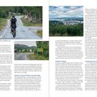 Texthinweis: "Die ersten Kilometer führen entlang der norwegisch-russischen Grenze bis Kirkenes."

Oben links Radfahrer auf einsamer Straße zwischen Bäumen. Rechts Landschaftsblick mit Stadt im Hintergrund.