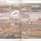 Zahlen und Fakten zu Florenz, illustriert mit Text über Museen, historische Ereignisse und Besucherzahlen vor Stadtbild.