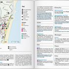 Text: "Noli", "Schlafen", "Essen", "Einkaufen", "Bewegen", "Feiern", "Infos", "Meerblick", "Altstadtpension", "Exquisit". 

Illustration: Eine Karte und eine Liste von Orten mit Symbolen.
