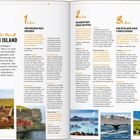 **3 TOUREN IN ISLAND:** Beschrieben werden drei Touren durch Island. 

Zuerst Fotos von landschaftlichen Szenerien:
1. Steinskulpturen auf einer grünen Wiese.
2. Felsenküste mit Klippen.
3. Blauer See, Berge im Hintergrund.
4. Springender Wal.
5. Grüne Landschaft mit Wasserfall.