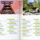 Der Text listet Inhalte eines Magazins auf, beginnend bei "Editorial" bis "Gärten und Parks". Oben links ein Turm, rechts Skulptur.