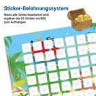 Sticker-Belohnungssystem: Wenn alle Seiten bearbeitet sind, ergeben die 65 Sticker ein Bild zum Aufhängen. Eine bunte Schatzinsel.
