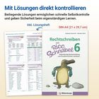 "Mit Lösungen direkt kontrollieren" steht oben. Zu sehen ist eine Buchcover-Abbildung von "Rechtschreiben mit Rico Schnabel 6".