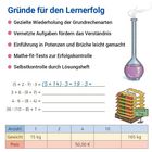 Gründe für den Lernerfolg: Wiederholung, vernetzte Aufgaben, Potenzen und Brüche, Tests, Lösungssheft. Tabelle unten.