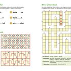 Links oben: Lückenbüßer. Darunter Sätze mit Lücken für Buchstabenfüllungen.  
Rechts oben: Gitterrätsel mit gelbem Raster und roten "TRAUM".
Links unten: Feldermosaik mit umrandeten Buchstabengruppen.