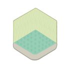 Keine Texte vorhanden. Illustration eines hexagonalen Raumes, grüne Wände, blauer Boden mit Blumenmuster.