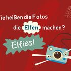 "Wie heißen die Fotos, die Elfen machen? Elfies!" Weihnachtliche Illustration mit Kamera, Baum und Ornamenten.