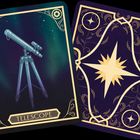 Karte mit "TELESCOPE", zeigt ein Teleskop vor einem Sternenhimmel. Rückseite dunkel mit gelbem Sternmotiv.