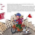 "Die wilde Hilde" und "3. Juni" stehen im Bild. Mädchen auf Fahrrad mit Hund, fröhliche Szene in einer Stadt mit alten Häusern.