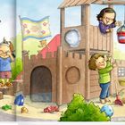 Kuckuck! Wer versteckt sich im Kletterturm? Zieh mal! Kinder spielen fröhlich auf einem Spielplatz mit Kletterturm und Garten.