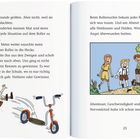 Text über Rollersurfen, Freundschaft und Mut. Links Illustration: Junge fällt vom Roller. Rechts Illustration: drei lachende Kinder und Roller.
