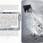 Ein Text beschreibt die glatten Außenseiten der Pyramiden zur Zeit der Pharaonen. Daneben sieht man eine Illustration: Ein fröhlicher Junge rutscht die Pyramide hinunter, beobachtet von einem Vogel und zwei Gestalten im Fenster.