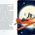 Seite 138. Illustration eines Storchs und einer Person in einem roten Flugzeug bei Nacht, vor einem großen Vollmond.