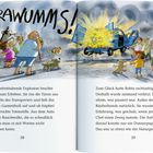 "KRAWUMMS!" steht oben groß. Darunter eine Explosion bei einem blauen Transporter, Menschen und Hunde weichen erschrocken zurück.