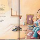 Ein Kinderbuch mit warmen Farben. Eine Familie sitzt auf einem Bett, betrachtet ein Fotoalbum und wirkt nachdenklich.