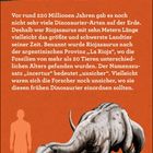 "RIOJASAURUS" steht groß oben. Unten ein Dinosaurier, rechts, mit Vergleichsfigur links. Roter Hintergrund, Text erklärt.