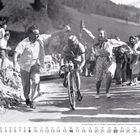 Tour de France 1947, 07. Etappe, Erfrischung durch Zuschauer. Ein Radfahrer wird von der Menge angefeuert. Kalenderblatt.