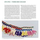 Text: "EFE OYA – FORM AND COLOUR". Unten ein buntes Oya-Spitzenmuster in Rot, Gelb, Blau, und Grün.