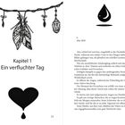 Kapitelüberschrift: "Kapitel 1 Ein verfluchter Tag". Illustrationen: Lichterkette mit Anhängern, tropfendes Herz, Tropfen.