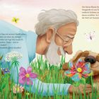 Text: Ein Opa und sein Hund entdecken Blumen. Der Opa bestaunt den "Sternenglanz" und spricht zu seinem Hund Amigo. Eine bunte, fröhliche Illustration von einem alten Mann und einem Hund inmitten von farbenfrohen Blumen und Schmetterlingen.