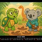 Januar 2026. Eine Schildkröte mit Brille und ein Koala mit Tasche stehen neben Dinosaurier-Spuren im Dschungel.