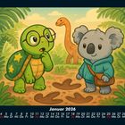 Kalenderseite: Januar 2026. Illustration einer Schildkröte mit Brille und eines Koalas, die große Fußspuren betrachten.