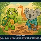 Kalender Januar 2026; Illustration mit Schildkröte, Koala und Dinosaurier in einem Wald, Dinosaurier-Fußabdrücke im Boden.