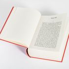 Links: "Erster Teil" und "I". Geöffnetes Buch mit rotem Einband auf hellem Hintergrund.