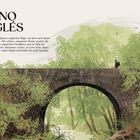 "CAMINO INGLÉS. Folgen Sie den Spuren englischer Pilger... Illustration einer Brücke in grüner Landschaft mit Wanderer."