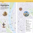 Eine Karte zeigt Sehenswürdigkeiten in Budapest: Parlament, St.-Stephans-Basilika, Váci utca, Szenerien.