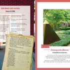 **Linke Seite:**
"Der Brief des Vaters" (Station 8), Text über eine Bibliothek und einen alten Brief.

**Rechte Seite:**
"Erholung unter Bäumen", Foto eines Grabes mit Pyramide und Bäumen.