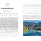 Seite mit Titel: "Um den Pölven". Enthält Text über eine Fahrradtour und ein Foto einer Festung über einem Fluss.