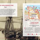 "Der verlorene Fink" Tour 2. Willkommen in Finkenwerder. Start- und Zielpunkt: Fähranleger Finkenwerder. Kartenausschnitt zeigt Route. Vintage-Schiffsbild im Hintergrund.